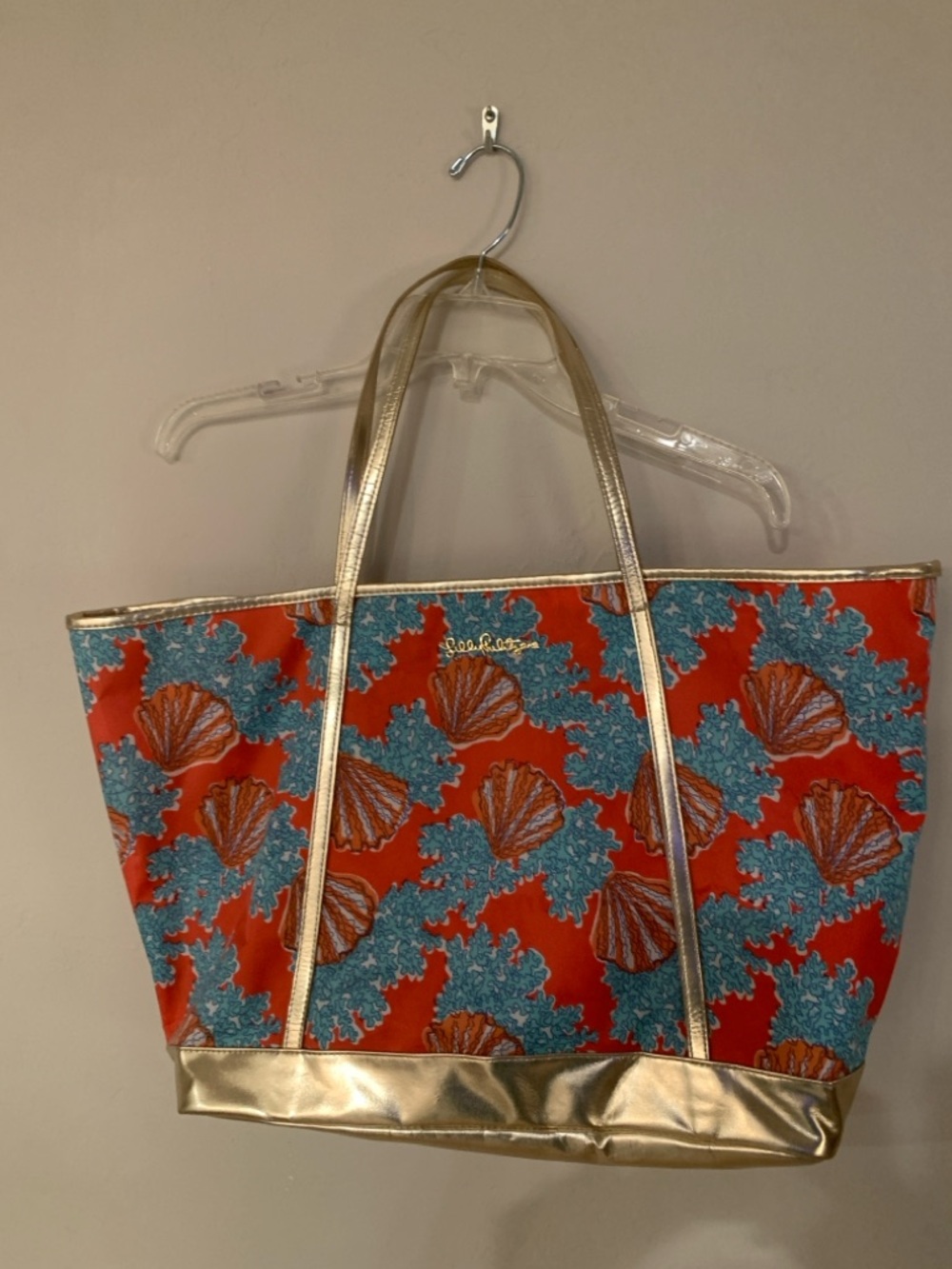Lilly Pulitzer Watermelon Coralina Seashell Tote with Gold Trim